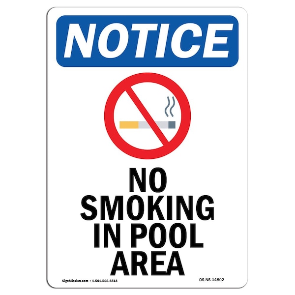 OSHA Sign, No Smoking In Pool Area With Symbol, 18in X 12in Rigid Plastic, 12" W, 18" L, Portrait